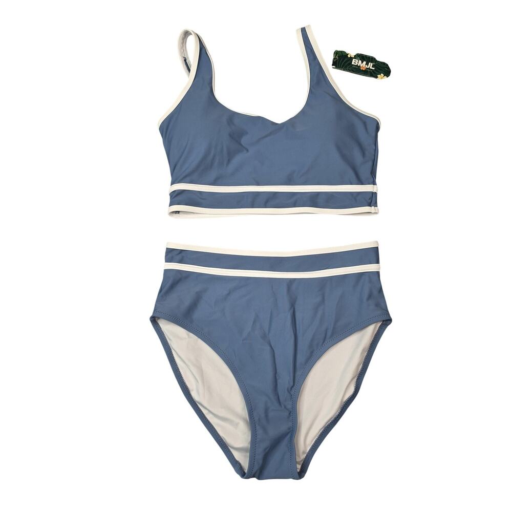 BMJL Bikini Swimsuit Womens Small Blue White High Waisted Athletic Lined NEW